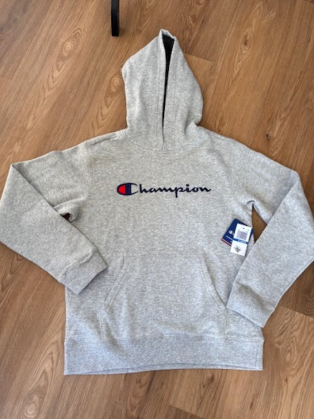 Champion Youth Gray Fleece Pullover Hoodie Blue Logo NWT XL